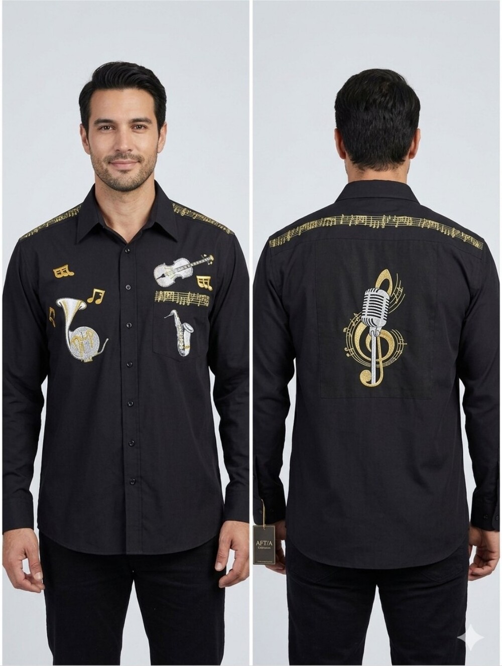 AFIVA black shirt size XL men's MUSIC SYMBOLS ON FRONT